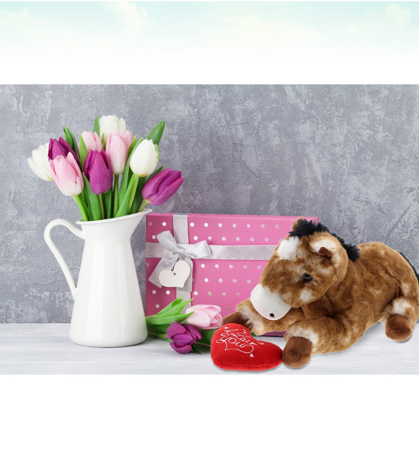 DolliBu I Love You Valentine Plush Lying Brown Horse - Cute Stuffed Animal with Red Heart and Name Personalization Gift for Valentines Day, Birthday, Anniversary, Romantic Date - 10.5 Inches