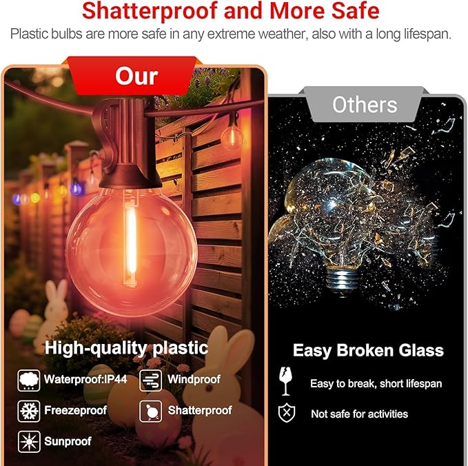 LAMPHOME 2 Pack LED Outdoor String Lights, 26FT Patio Lights with 12+1 Edison Shatterproof Bulbs, UL Waterproof Connectable Dimmable Multicolor Outside Easter Lights for Backyard Porch Decor