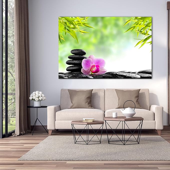 GUTTATY Zen Wall Art Decor, Modern Bathroom Zen Decor Wall Art, Canvas Wall Art for SPA Zen Room Decor, Green Bamboo Leaves and Pebble Relaxing Zen Art Prints for Office & SPA Wall Decor 32x48 Inches
