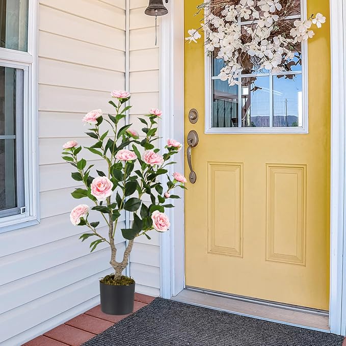 GOFLAME 3FT Artificial Camellia Tree, Faux Camellia Plant with Pink Flowers, Solid Wood Trunk, Realistic Moss, Greenery Potted Decoration Tree for Indoor Outdoor Home Porch Front Door