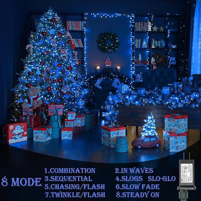 Decute Christmas String Lights Waterproof 300LED 105FT UL Certified with End-to-End Plug 8 Modes, Outdoor Indoor Starry Fairy Lights for Christmas Tree Patio Garden Wedding Party Decor Blue