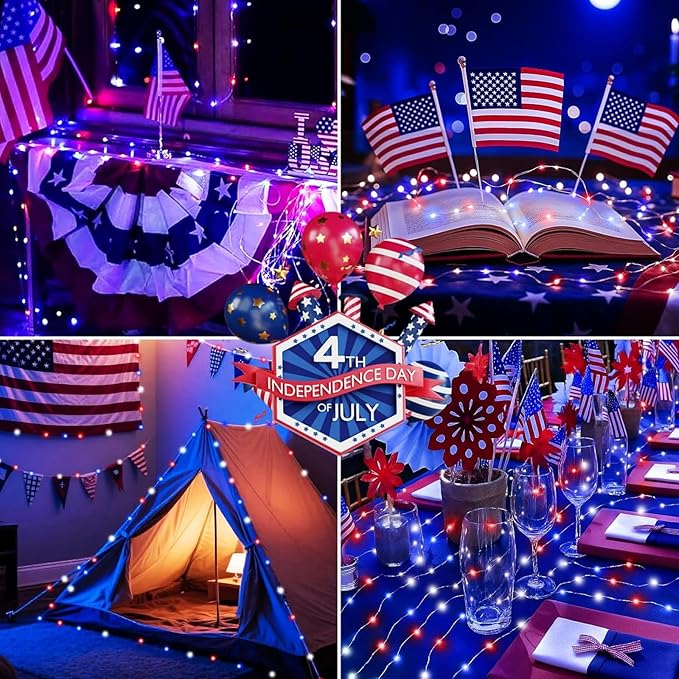 LAMPHOME Patriotic Fairy Lights Battery Operated, 33Ft 100 LEDs Waterproof Twinkle Firefly Lights,Starry String Light for Independence Day Patriotic Holidays Decoration (Red, White & Blue)