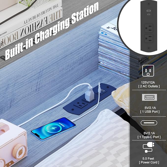 Corner Bed Frame Full with Storage, L Shaped Daybed for Kids,Full Corner Bed with Drawers, Shelves, RGB LED Lights & Charging Station, Sturdy Metal Kids Full Bed for Girls Boys,Gray