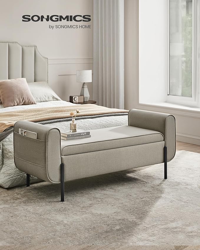 SONGMICS Storage Bench with Armrests, Ottoman with Storage for Living Room, Storage Ottoman Bench for Bedroom, Entryway, Living Room, Steel Legs, Camel Brown ULOM072K03