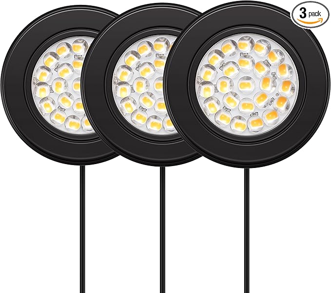 GETINLIGHT 2.5" Wide 3000K Dimmable LED Puck Lights Kit, Plug-in Installation with Recessed or Surface Mounted, Black Finish Over Metal Construction, Set of 3, IN-0113-3-BK