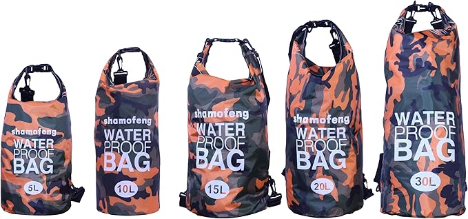 Waterproof Dry Bag Combo 5-30L Roll Top Dry Storage Bag Backpack for Kayaking Boating Beach Camping Travel Fishing, w/Phone Case & Collapsible Water Bottle & Sunglasses & Ear Band,Orange 10L