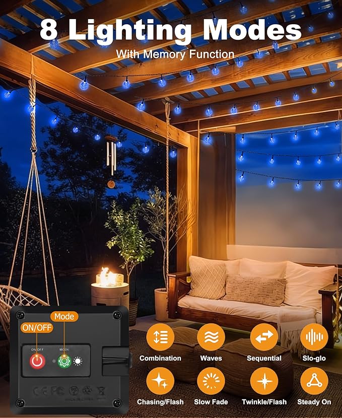 btfarm 2 Pack Solar String Lights Outdoor Waterproof, Total 98 FT 100 LED Solar Powered Patio Light, 8 Lighting Modes Crystal Globe Decoration for Garden Balcony Porch Yard Party, Blue
