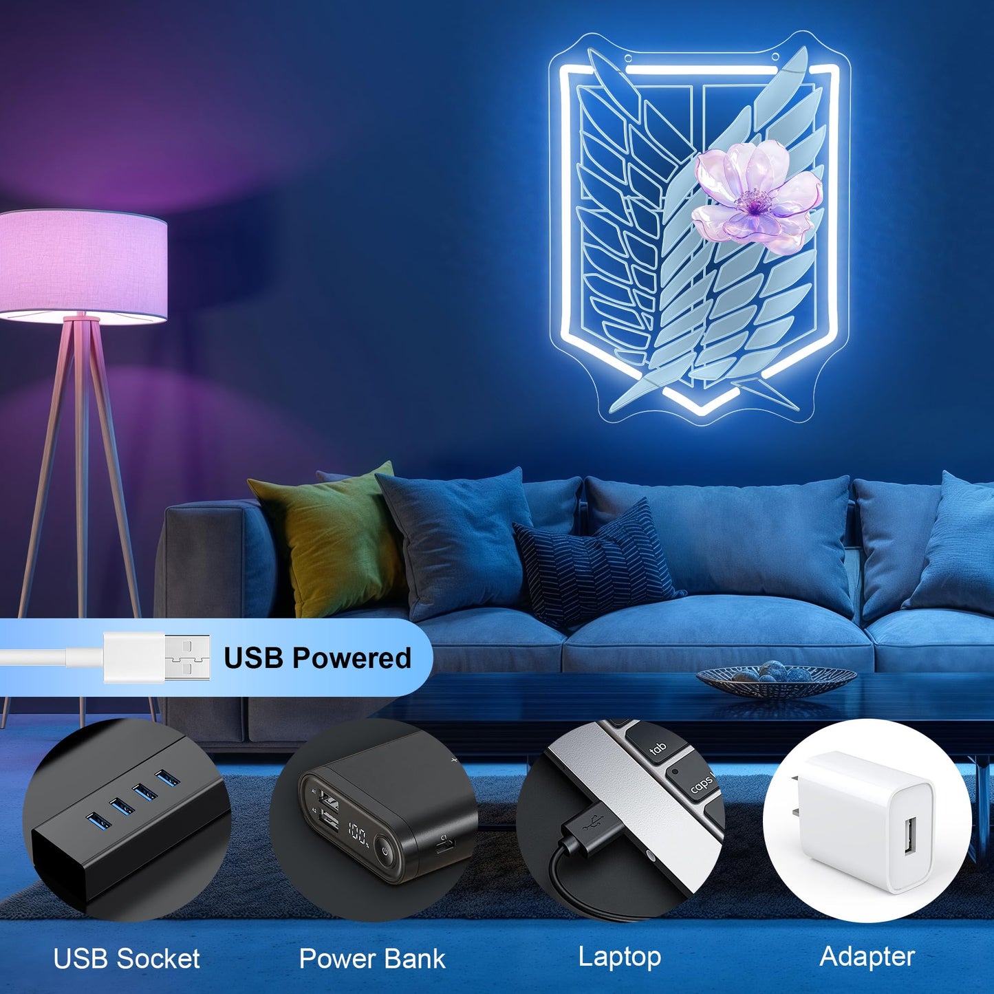 Anime Neon Sign for Wall Art Decor - Wings and Freedom Acrylic USB Powered LED Wall Light, White Glow with Dimmer, for Bedroom Game Room Party Decor Man Cave Home Office 13.78" × 10.51"""