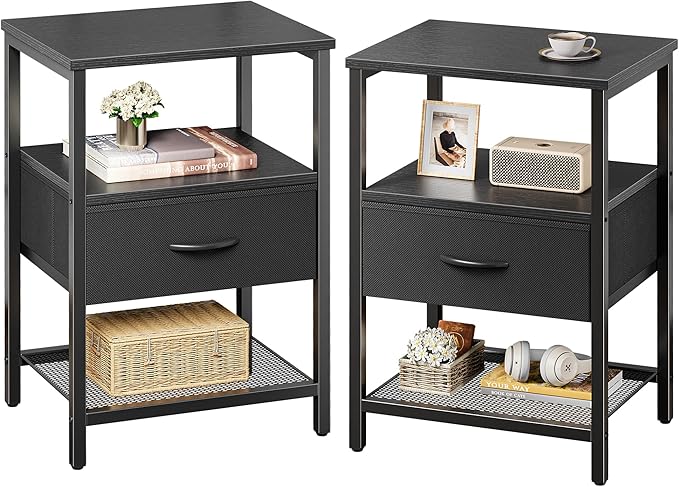 Huuger Nightstand Set of 2, Night Stand with Fabric Drawer, Mesh Shelf, Side Table with Storage, Fabric Drawer Dresser, Open Shelf, Metal Frame, Bedroom, Black