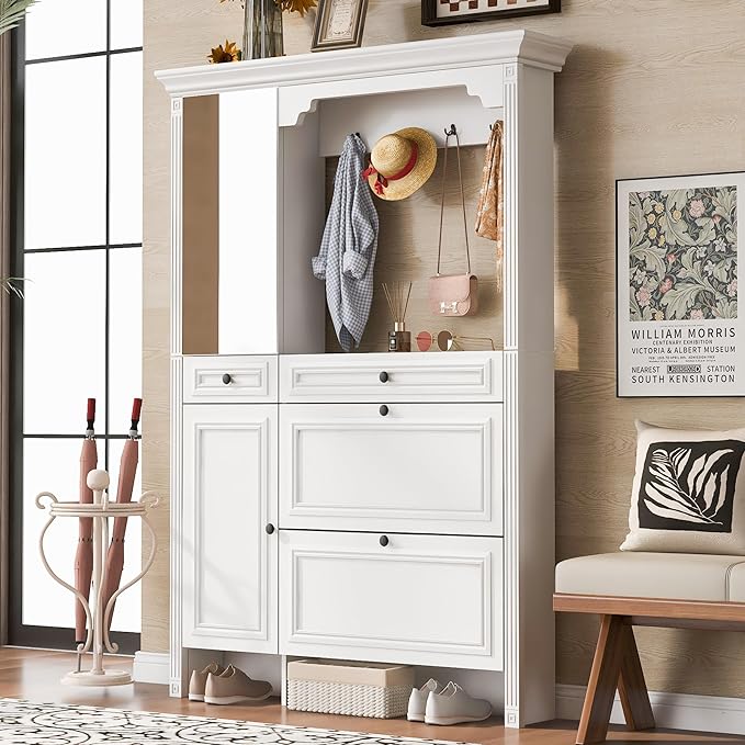 Merax Hall Tree with Shoe Storage, Entryway Coat Rack with 4 Hooks, 2 Flip Drawers, and 2 Cabinets, Modern Hall Trees for Hallway, Living Room,White