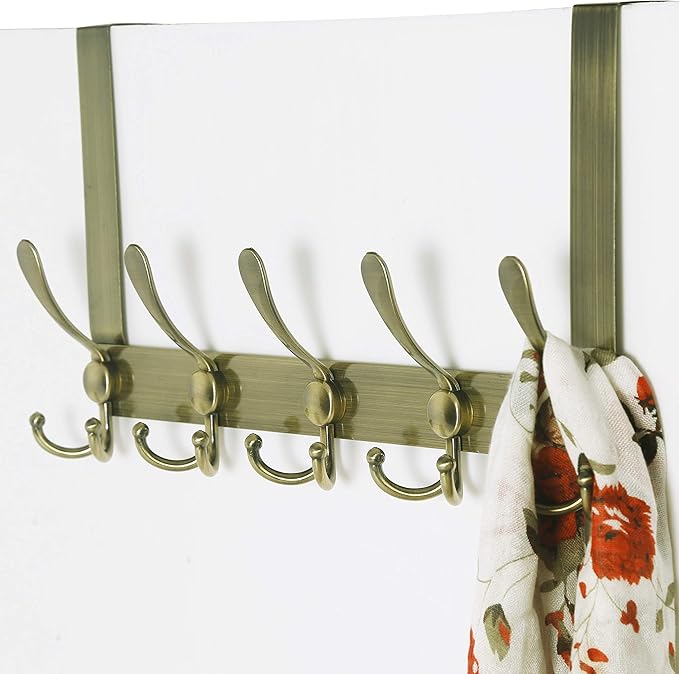 SKOLOO Over The Door Hook - for Doors up to 1-3/4'' Thickness, Pack of 2, Metal Door Hanger with 5 Triple Hooks, Bronze Over The Door Hanger for Coats, Hats,Towels, Assembly Required