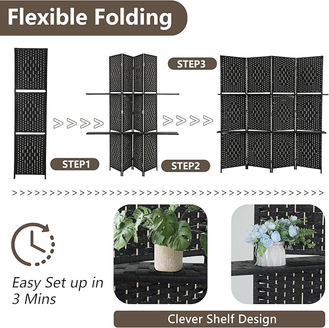 Room divider 4 panel Room Screen Divider Wooden Screen Folding Portable Partition Screen Wood with Removable Storage Shelves Color,Black