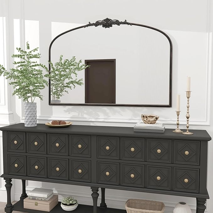 Besdomus Antique Arched Large Mirror: 48"x33" Oversize Black Arch Antique Wall Mounted Mirror - Baroque Traditional Ornate for Living Room/Fireplace/Bathroom- Home Decor for Interior Designers