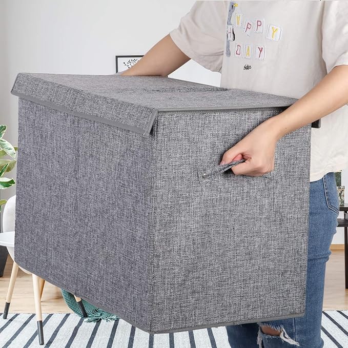 popoly 2 Pack Large Toy Box Chest with Lid, Collapsible Sturdy Toy Storage Organizer Boxes Bins Baskets for Kids, Boys, Girls, Nursery, Playroom, 25"x13" x16" (Linen Gray)