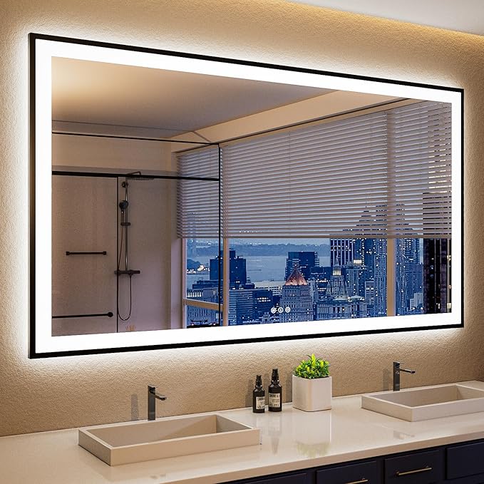 ISKM Framed LED Mirror for Bathroom 60"x36", Dimmable LED Bathroom Mirror with Lights, Anti-Fog, Front and Backlit Lighted Mirror 3-Colors, Shatterproof, Memory Function