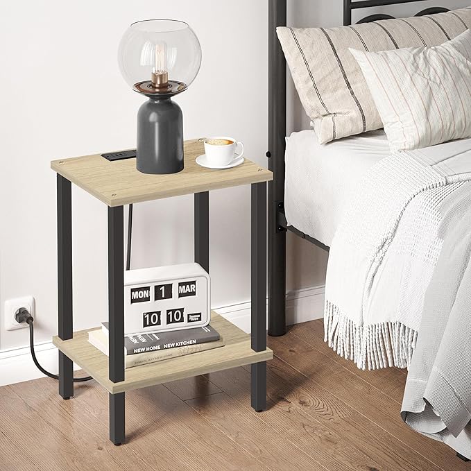 TUTOTAK End Table with Charging Station, Small Side Table with Outlets, Nightstand Bedside Table, 2-Tier Storage Shelf for Small Space, Living Room, Bedroom, Oak TB01BO040