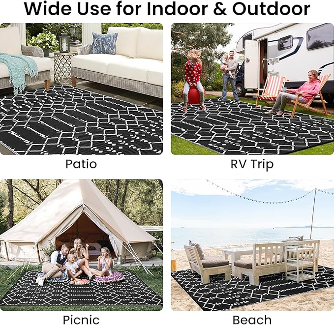 Smiry Outdoor Rug 8x10 ft, Waterproof Reversible Plastic Straw Rugs, Boho Outdoor Area Rug, Outside Floor Mat for Patio, Backyard, Deck, Picnic, Beach, Camping, Black