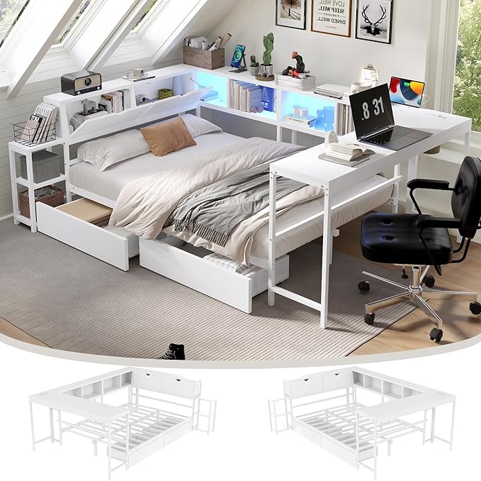 Twin Corner Bed Frame with Desk, LED Lights & Charging Ports, L-Shaped Daybed with Storage Drawers, Bookcase & Open Shelves, Modern Twin Size Daybed for Kids, Teens & Compact Bedrooms,White