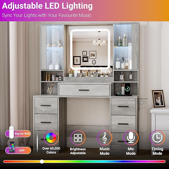 Vanity Desk with Mirror and Lights, Makeup Vanity with 7 Drawers, 2 Glass Door Cabinets, Charging Station, Adjustable Shelves, RGB Lighting, Hair Dryer Holder