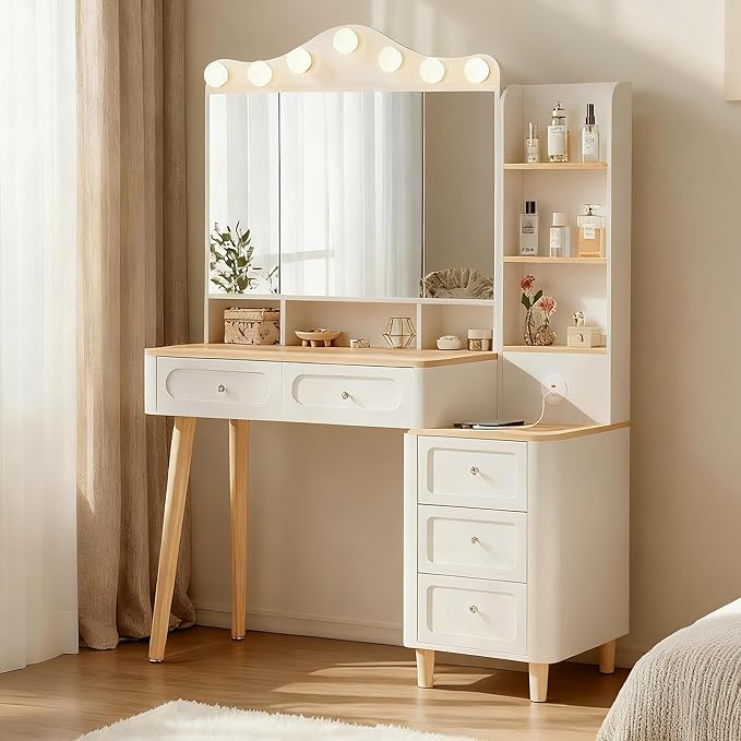 【Hanuq】 Vanity Desk with Mirror and Lights,Makeup Vanity with 2 USB Power Strip,Vanity Set with Two Drawers and Three-Drawer Chest,3 Lighting Modes Adjustable Brightness,Foldable Three-Sided Mirror
