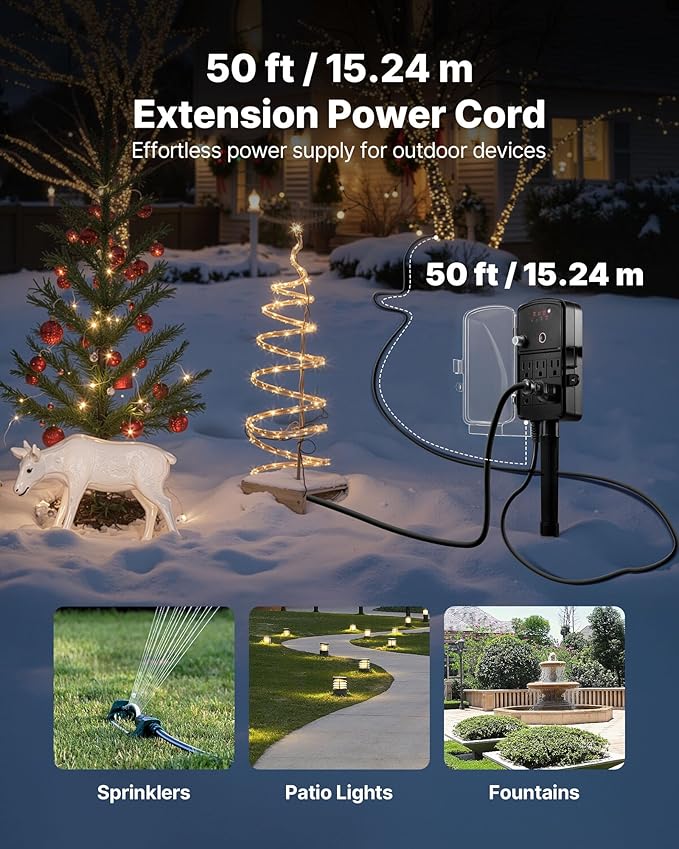 VEVOR Outdoor Power Stake Timer, 50FT Extension Cord, Remote Control Outdoor Power Strip with Cover, Dusk to Dawn Light Timer Waterproof, 6 Outlets for Halloween Christmas Lights, Garden Decorations