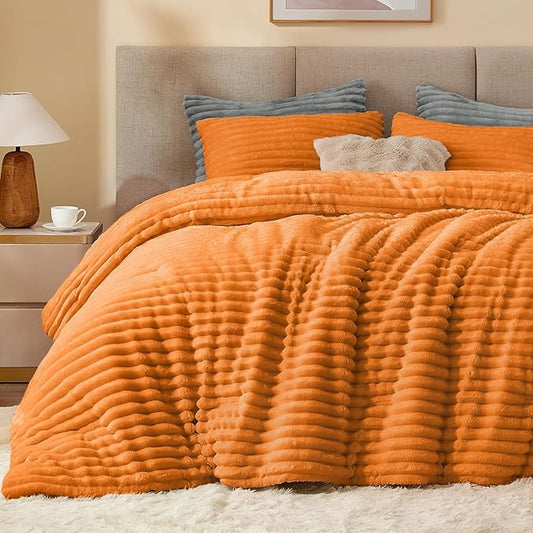 BEDELITE Fleece King Comforter Set -Super Soft & Warm Fluffy Burnt Orange Bedding, Luxury Fuzzy Heavy Bed Set for Winter with 2 Pillow Cases