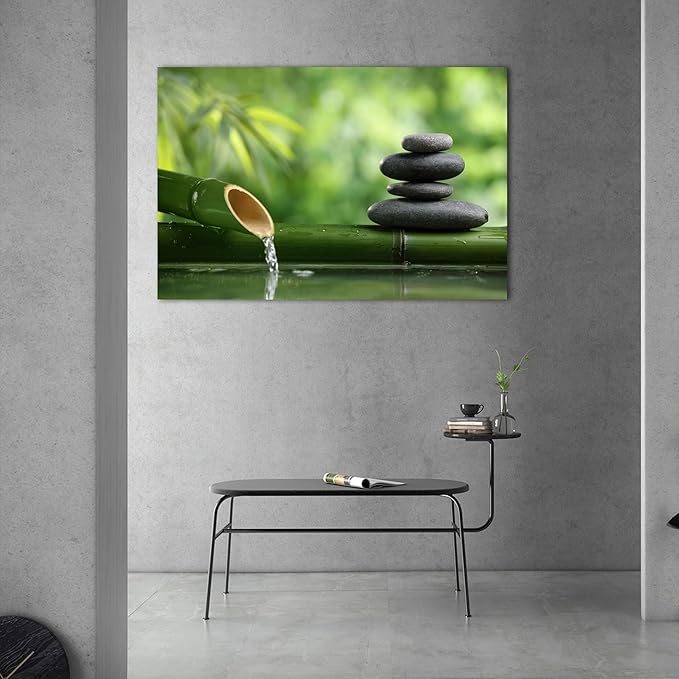 GUTTATY Zen Wall Art Decor, Modern Bathroom Zen Decor Wall Art, Large Canvas Wall Art for SPA Zen Room Decor, Green Bamboo and Pebble Relaxing Zen Art Prints for Office & SPA Wall Decor 28x40 Inches
