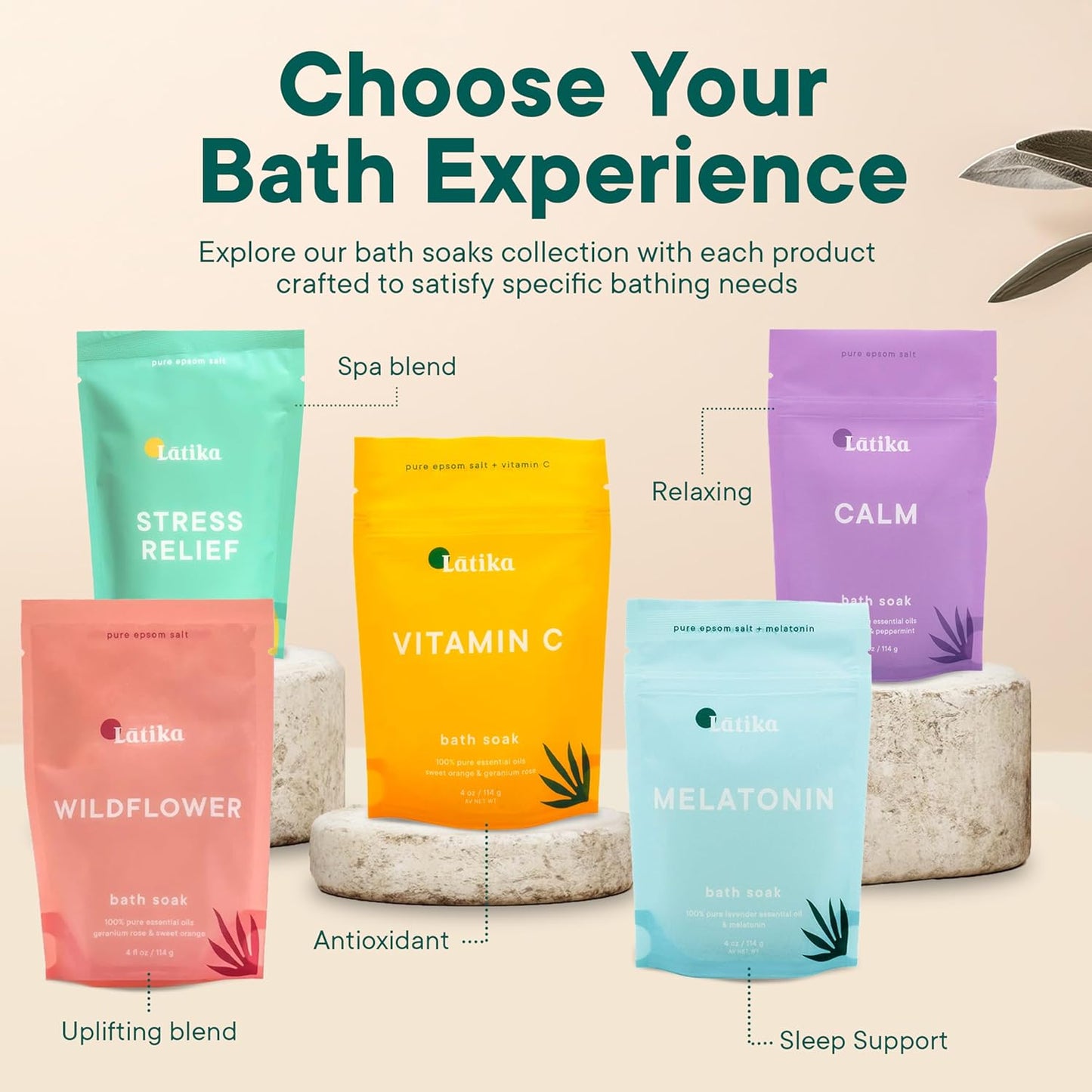 Soaks Set of 3 - Wildflower, Melatonin, Vitamin C - Moisturizing Bath Soak with Epsom Salt & Essential Oils for Stress Relief, Muscle Recovery, & Relaxation - at-Home Spa