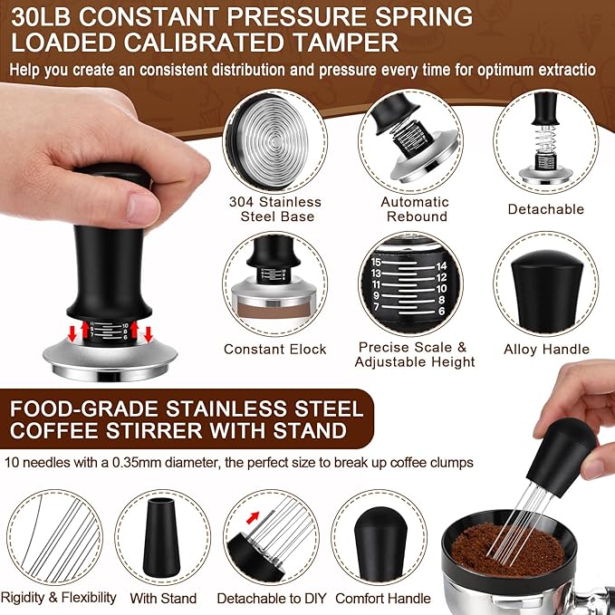 5 Pcs 53mm Espresso Accessories Kit, 3kg/0.1g Accurate Coffee Scale with Timer, Coffee Distributor Spring Loaded Calibrated Tamper WDT Tool and Dosing Funnel Set Fits 53mm Espresso Machines