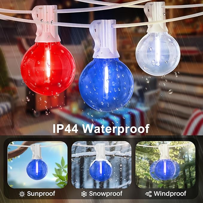 LAMPHOME 26Ft LED G40 Red White and Blue Lights Outdoor 4th of July Lights with12+1 Shatterproof Bulbs for Patriotic Decor in Yard Garden Patio - Light up Memorial Day 4th of July Decorations Outdoor