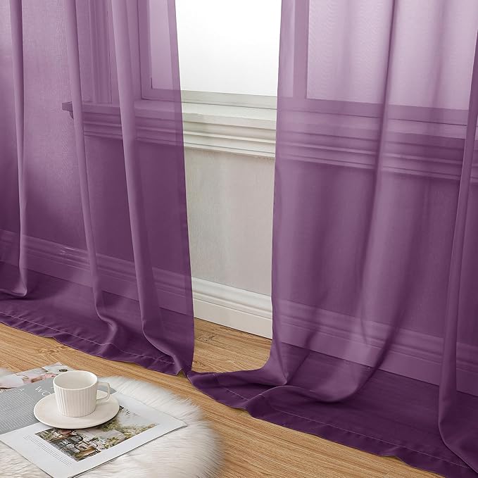 Aiyufeng Plum Purple Sheer Curtains 96 Inches Long 2 Panels, Solid Voile Top Dual Rod Pockets Stylish Breathable Drapes Window Treatment for Kid's Room/Bedroom/Living Room, 42W x 96L inches