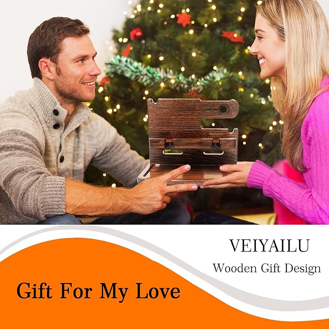 Gifts for Men Boyfriend Dad Husband Him Wood Phone Docking Station Nightstand Organizer for Men (Walnut)