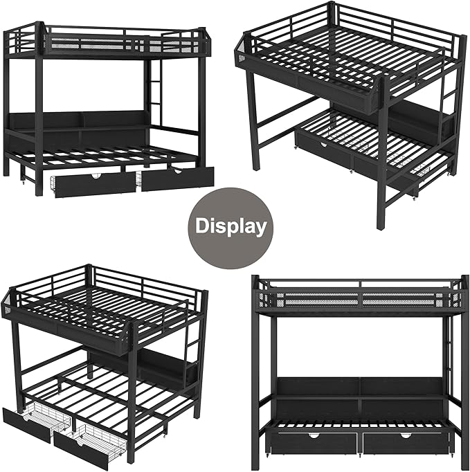 Bellemave Metal Full Over Full Size Bunk Bed Frame with Storage Drawers and Shelves,Heavy Duty Kids Bunk Beds with LED Lights and Charging Station for Teens,Adults,Convertible into a Sofa Bed,Black