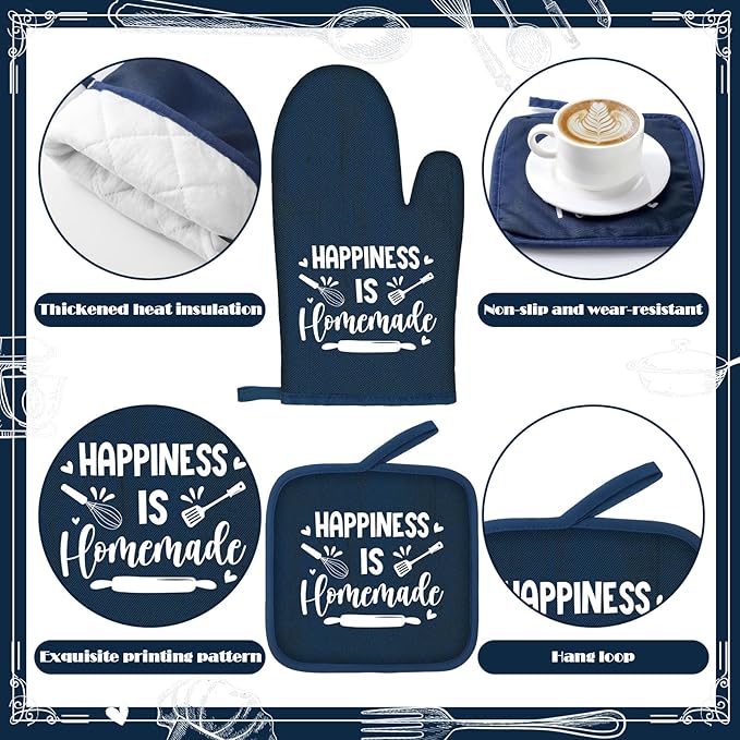 Fourluoo 10 Pcs Farmhouse Kitchen Decor and Accessories Set 4 Kitchen Towels 2 Pot Holders 2 Oven Mitts 2 Rugs for Cooking Baking Mom Housewarming Gifts(Dark Blue,Classic Style)