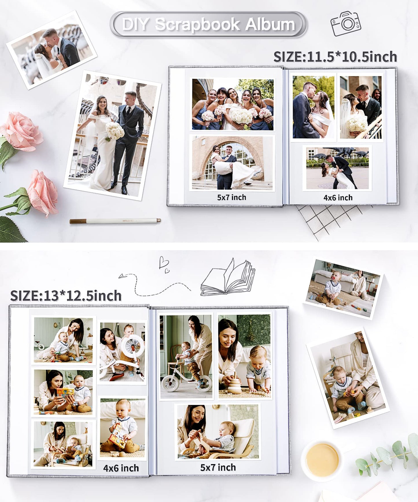 Popotop Photo Album Self Adhesive Scrapbook Album for 4x6 5x7 8x10 Pictures DIY Photo Book as Scrapbooking Supplies Kits, Birthday Gifts for Women Mom Wedding Baby Family Travel