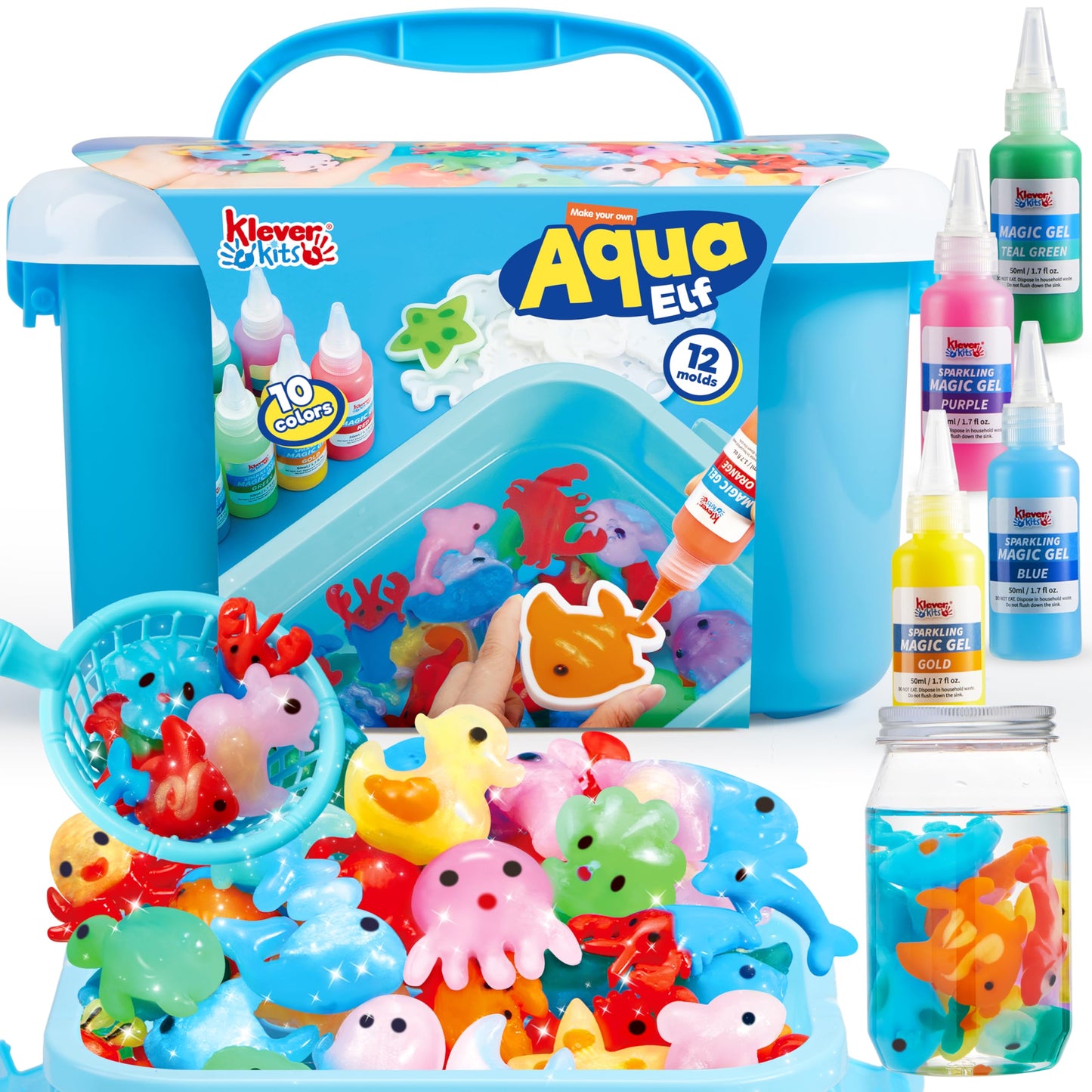Klever Kits Water Gel Kit, Magic Fairy Water Gel Toy Kit with 10 Gels, 12 Molds, Preserving Bottle for Presents, Party Favors, Birthday Gifts, Arts & Crafts DIY STEM Kits for Kids