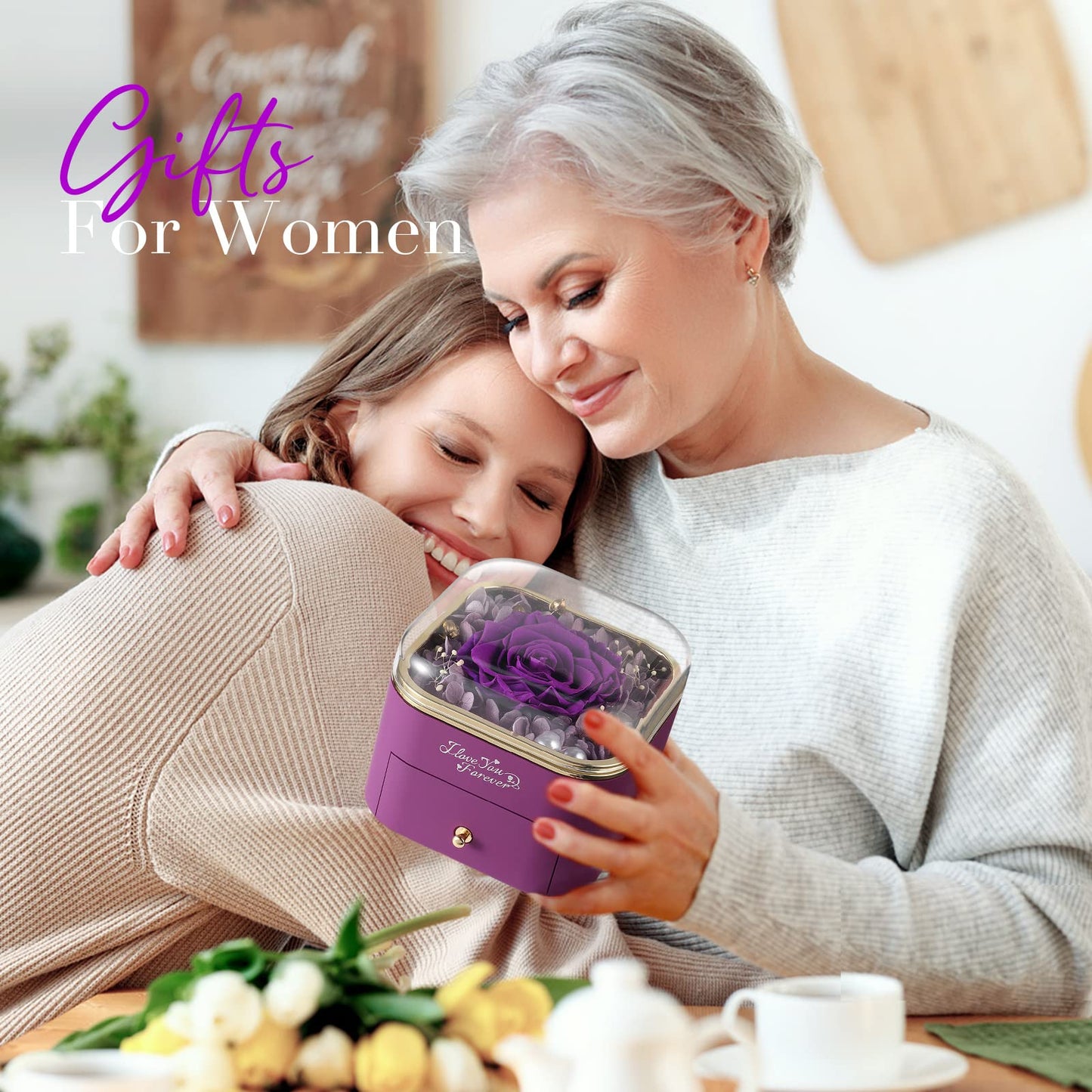 Preserved Real Purple Rose with Angle Wings Necklace, Forever Flowers Gifts for Mom Grandma Wife Girlfriend at Christmas Valentines, Anniversary Birthday Gifts for Women, I Love You Gifts for Her