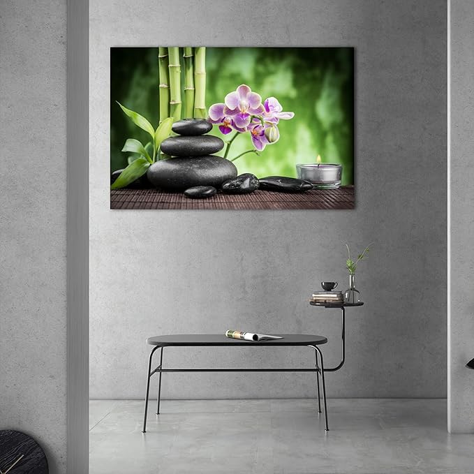 GUTTATY Zen Wall Art Decor, Modern Bathroom Zen Decor Wall Art, Large Canvas Wall Art for SPA Zen Room Decor, Green Bamboo and Pebble Relaxing Art Prints for Office & SPA Wall Decor 28x40 Inches
