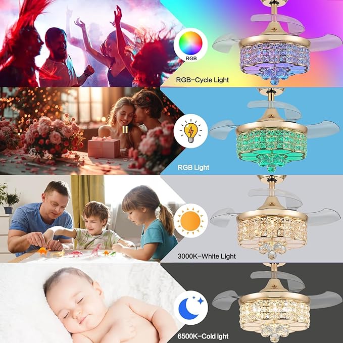 30" RGB Retractable Crystal Ceiling Fan with Light Dimmable Bluetooth Chandelier Fan, 6-Speed Timer, APP Remote Control for Bedroom,Gold