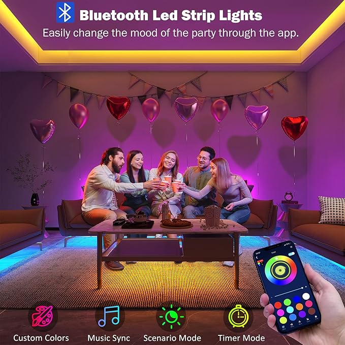 Leeleberd Led Lights for Bedroom 100 ft (2 Rolls of 50ft) Music Sync Color Changing RGB Led Strip Lights with Remote App Control Bluetooth Led Strip, Lights for Room Home Kitchen Party Decor