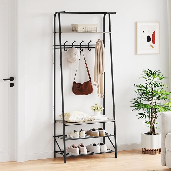 Jojoka 25" Coat Rack, Hall Tree with Shoe Bench and Storage, 4-Tier Shelf with 5 Hooks, Freestanding Metal Entryway Organizer for Hallway, Accent Furniture for Bathroom