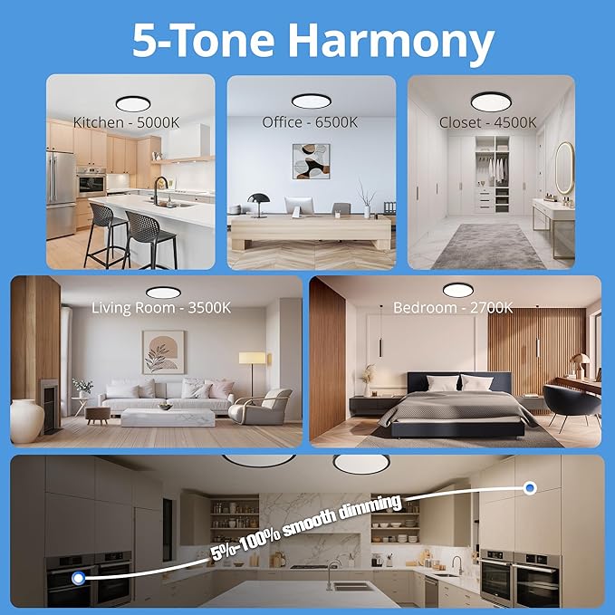 12 Inch Flush Mount LED Ceiling Light, 24W 2640LM Dimmable, 5CCT Selectable (2700K-6500K), Ultra-Slim Flat Panel Fixtures for Bedroom Kitchen Hallway, Black, 8Pack