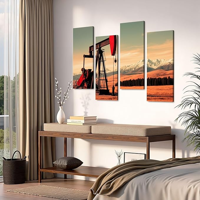 Canvas Wall Art Prints Pictures Oil Gas Pump Mountains Framed Posters Modern Wall Painting Artwork Gift Home Decor for Living Room Ready to Hang 4 Panel