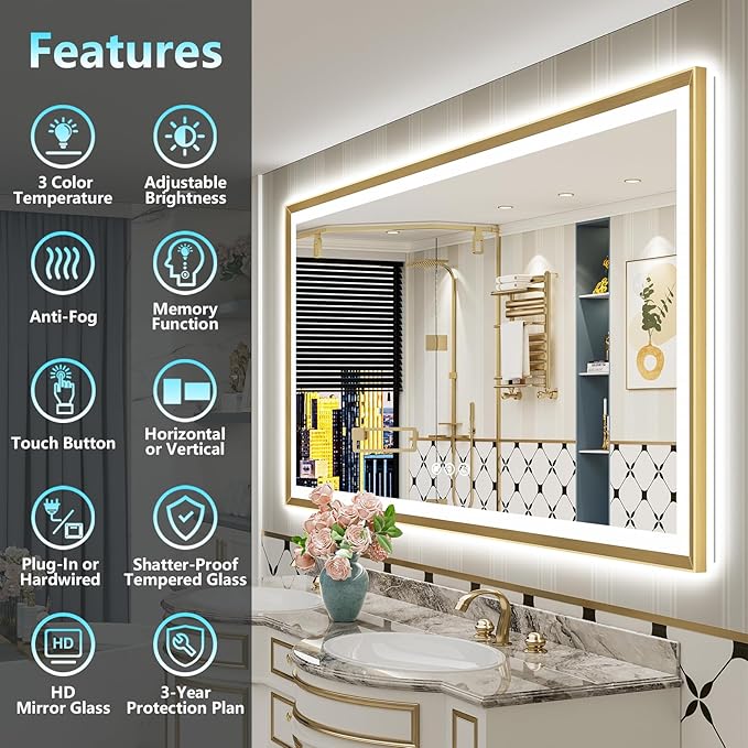 88x38 Gold Beveled LED Bathroom Mirror with Lights, Brushed Gold Framed Backlit and Front Lit Anti-Fog Lighted Vanity Mirrors for Bathroom Wall, Dimmable, 3 Colors, Memory, HD Tempered Glass