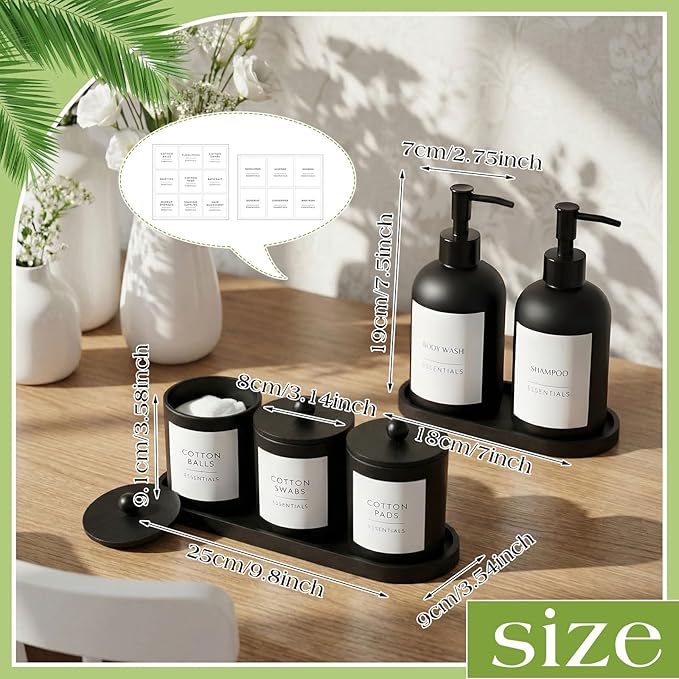 Yaomiao 5 Pack Black Frosted Glass Bathroom Accessories Set Kitchen Modern Liquid Soap Dispenser Set with Pump and Wood Tray Toothbrush Holder Cotton Swab Jars with Lids for Sink Countertop Home Decor