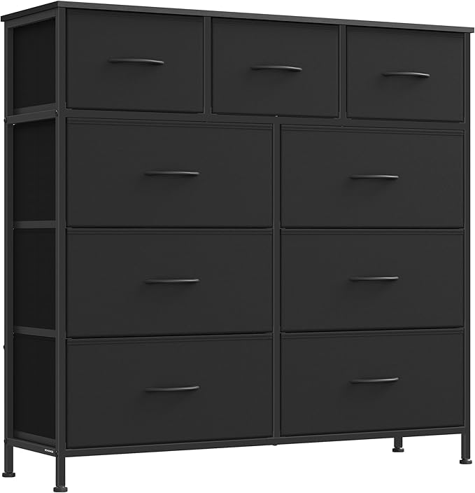 SONGMICS Dresser for Bedroom, Chest of Drawers, Steel, MDF, 9 Non-Woven Fabric Drawers, Storage Organizer Unit, Closet, Entryway, Ink Black and Ebony Black LGS324B01S