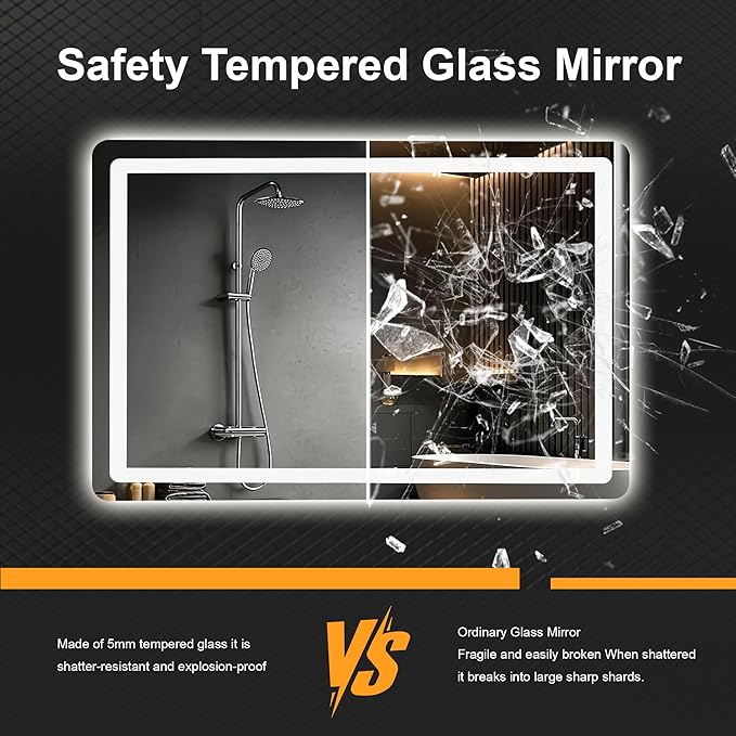 Bathroom Vanity Mirror with LED, 36" x 24" Led Bathroom Vanity Mirror with Light for Wall, IP54 Enhanced Anti-Fog, Dimmable 3 Colors, Memory Function, Backlit and Front Lit, Plug-in/Hardwired
