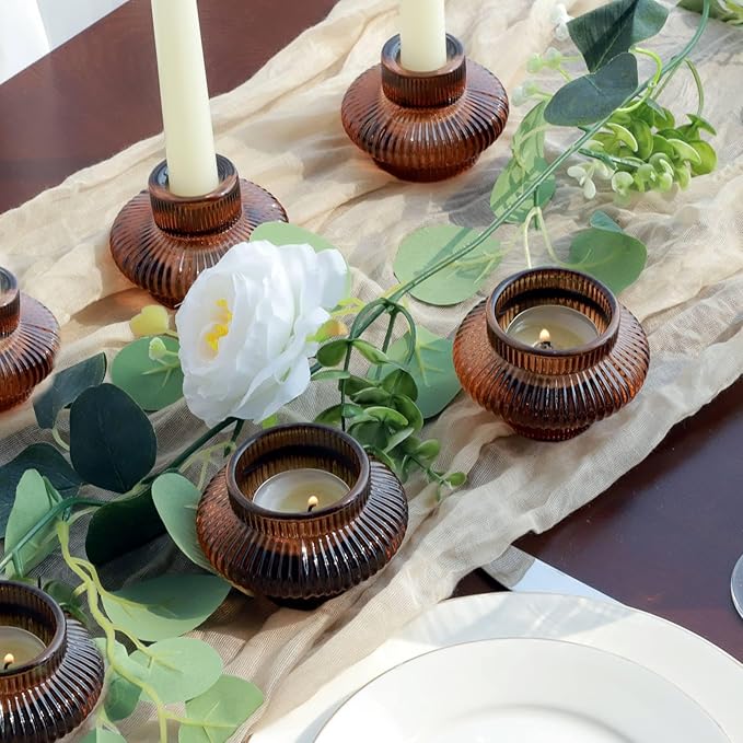 VOHO 12pcs Brownish Amber Candle Holders for Fall Decor, Vintage Ribbed Candlestick Holders Centerpiece Table Decorations, Heavy Glass Taper Candle Holders for Candlesticks/Votive Candles