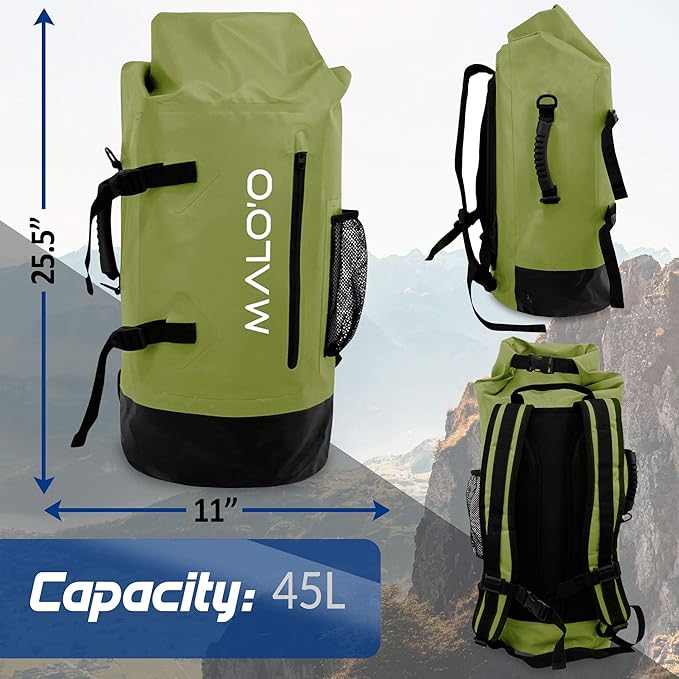 Malo'o 45L Waterproof Heavy Duty Backpack Dry Bags for Kayaking, Camping, Fishing, Hiking Daypack - Beach Accessories, Boat accessories, and Travel Gear - Fishing Rod Case Straps