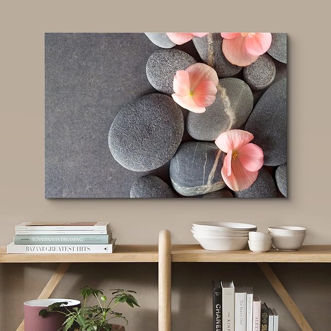 wall26 Canvas Print Wall Art Gray Stones with Pink Daisy Flowers Floral Nature Photography Realism Bohemian Scenic Relax/Calm Cool for Living Room, Bedroom, Office - 16"x24"